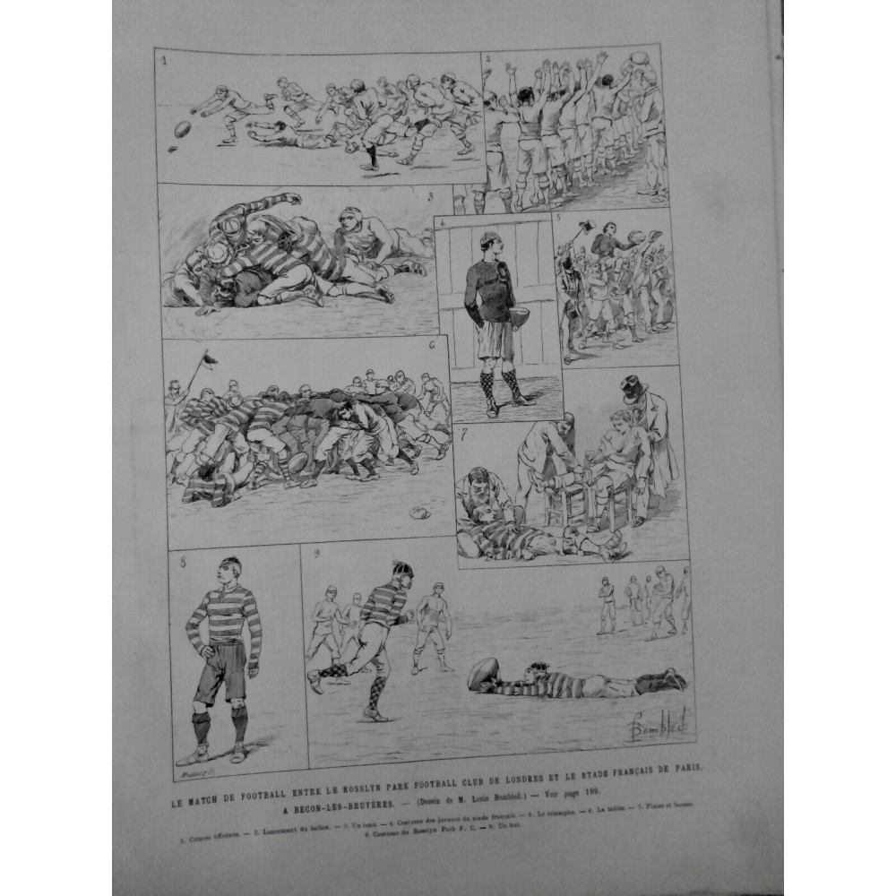 1894 UI FOOTBALL MATCH BALLON RUGBY ROSSLYN STADE PARIS DESSIN MÊLÉE BOMBLED