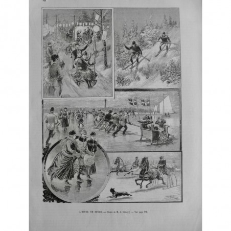 1863 UI SKI NORVEGE SUEDE HIVER TRAINEAU LUGE PATINAGE ATTELAGE CHEVAL