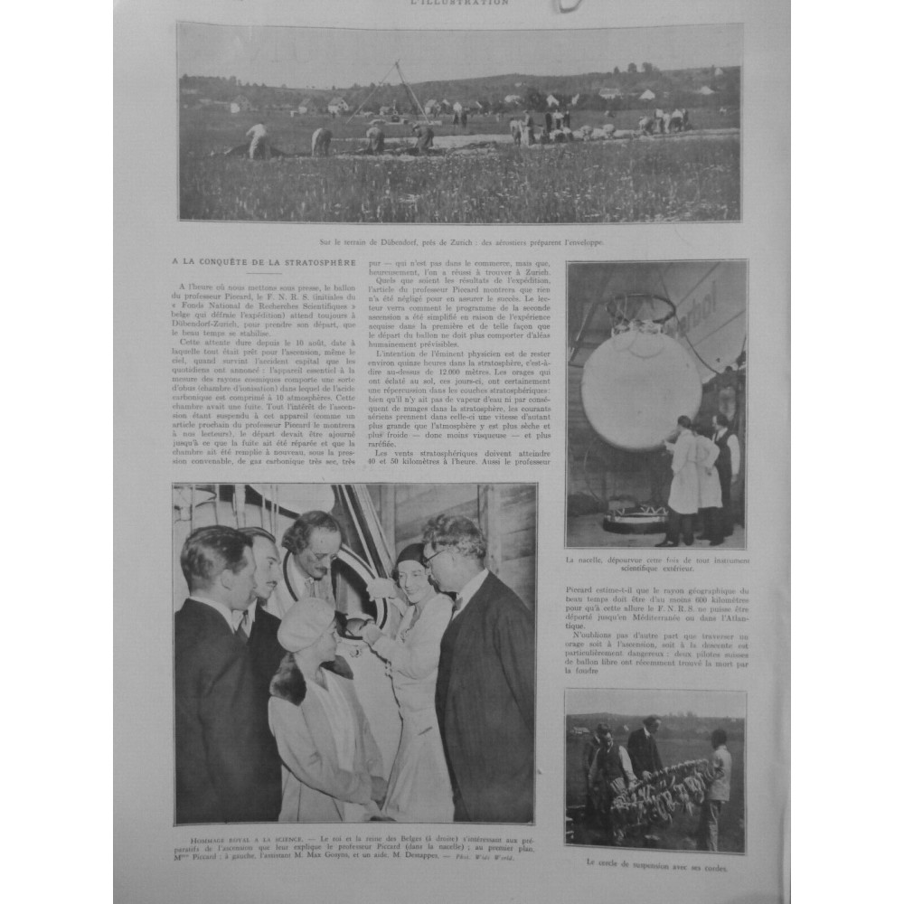 1932 I BALLON PICCARD ROI REINE BELGE PREPARATIF ASCENSION