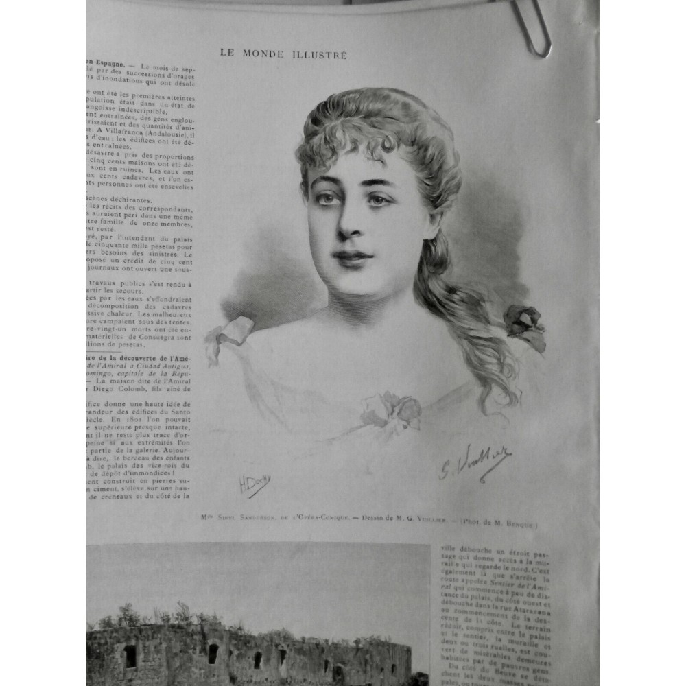 1891 MI OPERA COMIQUE MLLE SIBYL SANDERSON PORTRAIT COMEDIENNE DESSIN VUILLIER