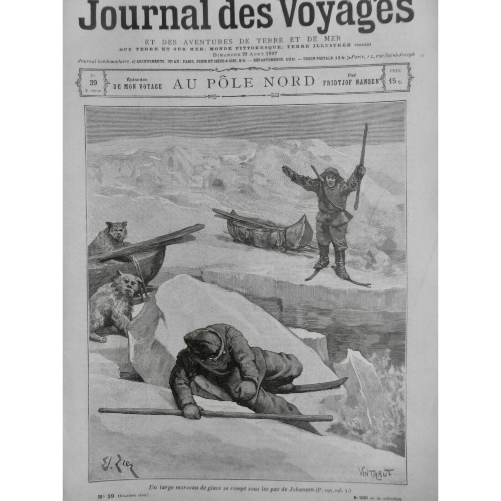 1897 JV SKI POLE NORD JOHANSEN BANQUISE GLACE CHUTE CHIEN