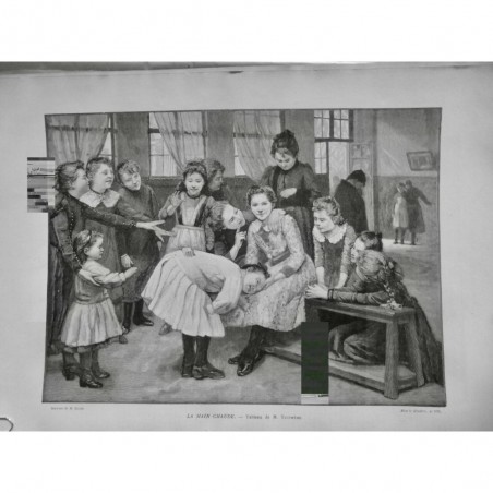 1891 MI TRUPHEME TABLEAU LA MAIN CHAUDE JEUNE FILLE ECOLE BANC INSTITUTRICE