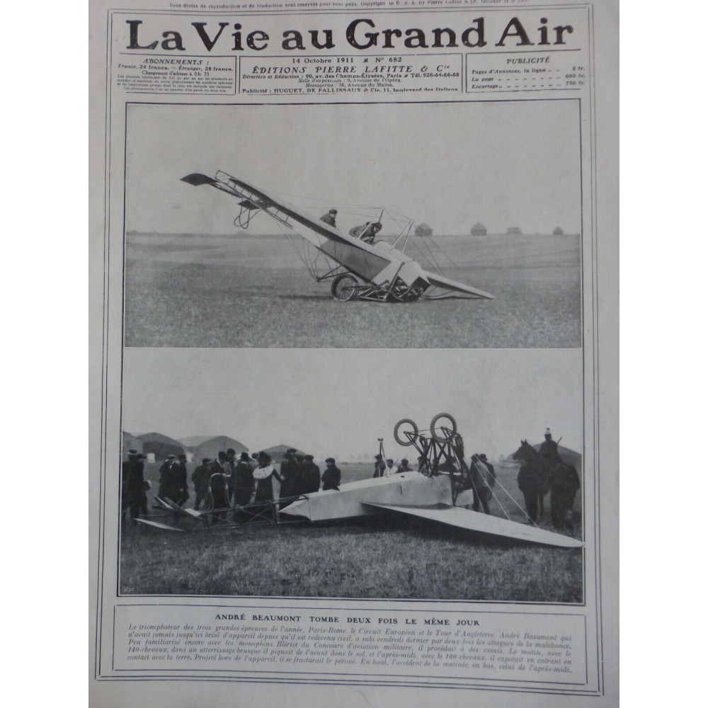 1911 VAGA AVIATION ANDRE BEAUMONT CHUTE MONOPLAN BLERIOT PARIS ROME