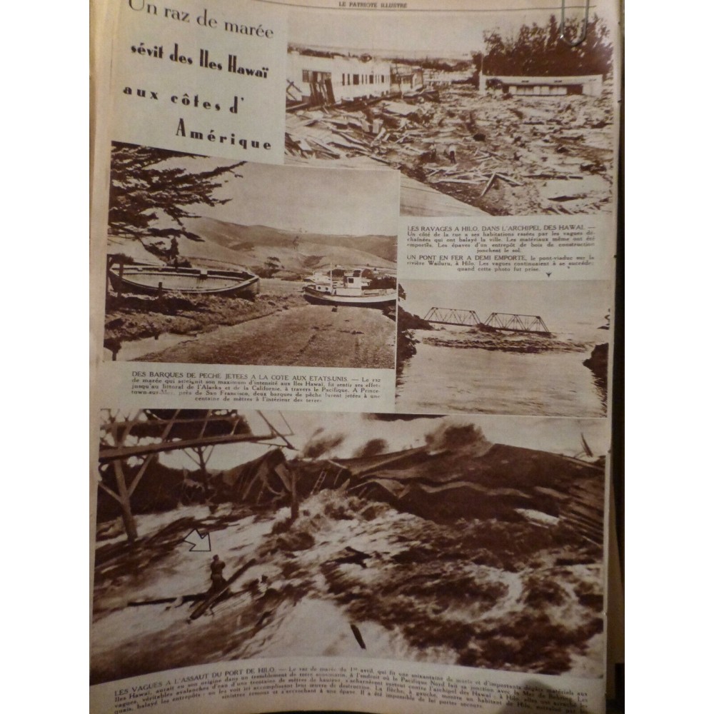 1946 PI ILE HAWAÏ RAZ MAREE RAVAGE HILO PONT FER DESTRUCTION BARQUE VAGUE MORTS