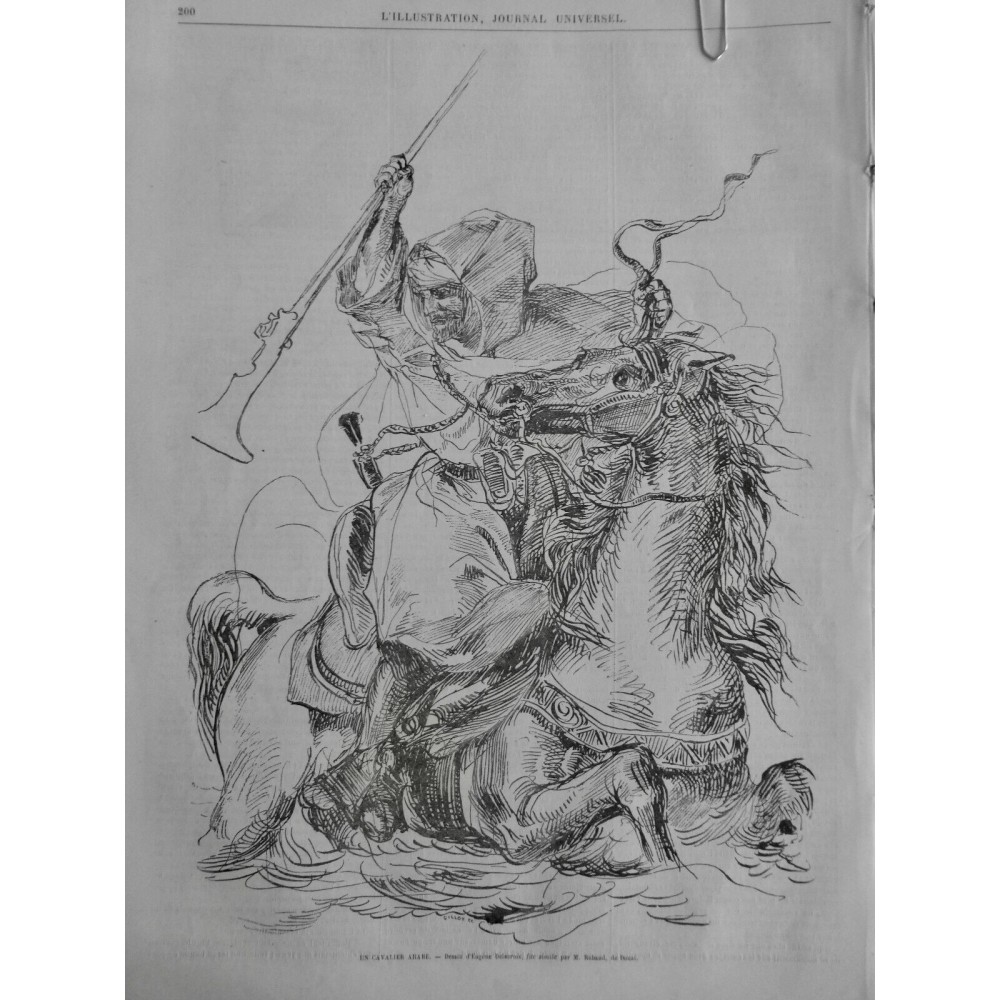 1864 I ORIENTALISME CAVALIER ARABE CHEVAL CARABINE DESSIN DELACROIX