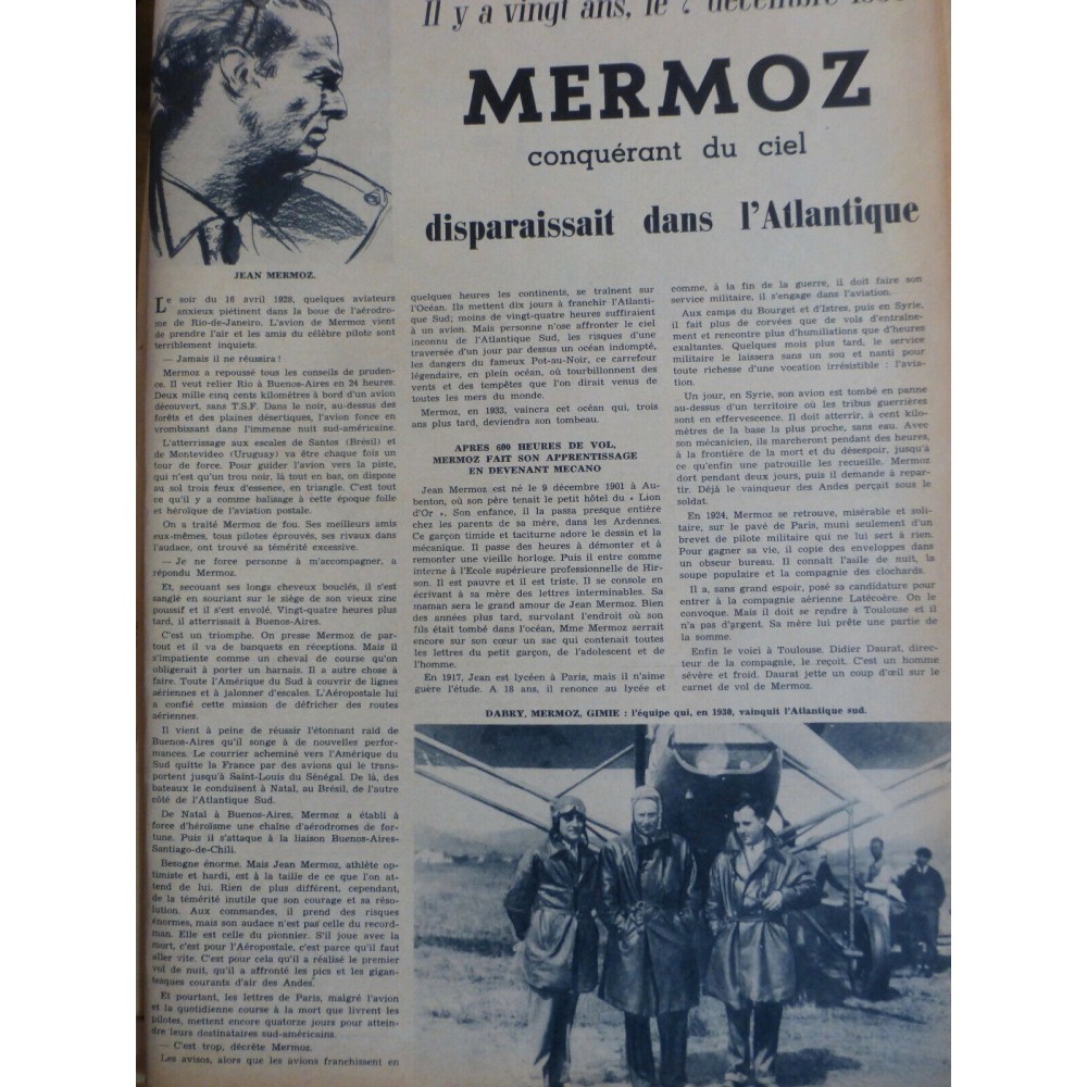 1956 PI AVIATION MERMOZ PORTRAIT DISPARITION ATLANTIQUE