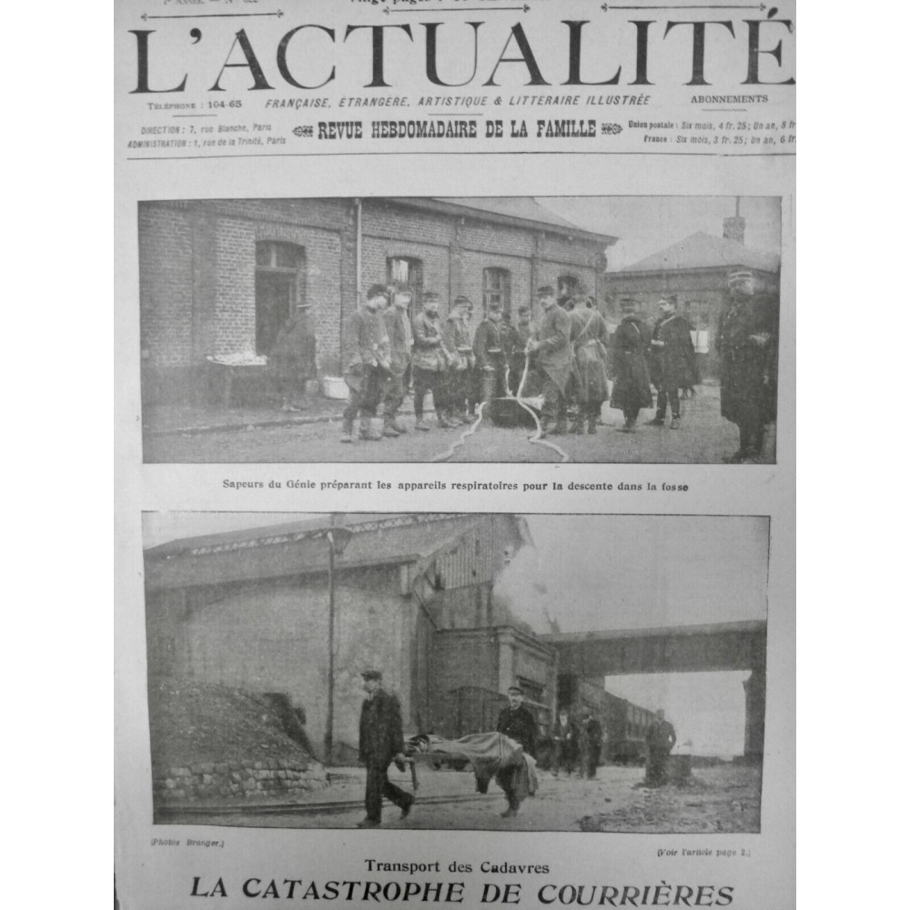 1906 MINE COURRIERES MINEUR APPAREIL RESPIRATOIRE DESCENTE FOSSE CADAVRE