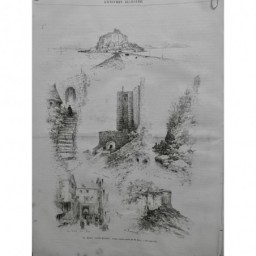 1883 UI MONT SAINT-MICHEL ROCHER MONASTERE EGLISE DIGUE REMPART DESSIN RIOU