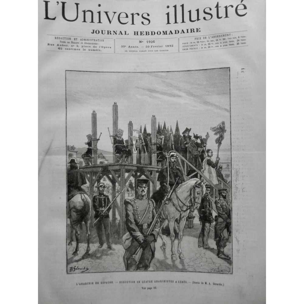 1892 UI ESPAGNE ANARCHIE EXECUTION XERES BOURREAUX MADRID ECHAFAUD TUNIQUE