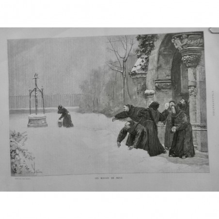 1887 I MOINE MONASTERE HIVER PUITS PARTIE BOULE NEIGE