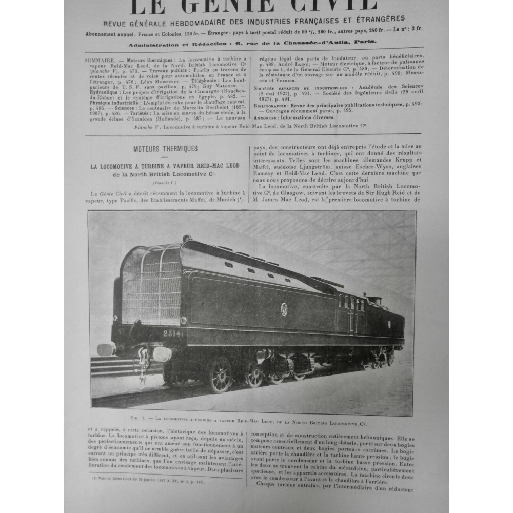 19271ER TRAIN INAUGURATION NOUVELLE LIGNE LOCOMOTIVE TURBINE VAPEUR RID-MAC LEOD