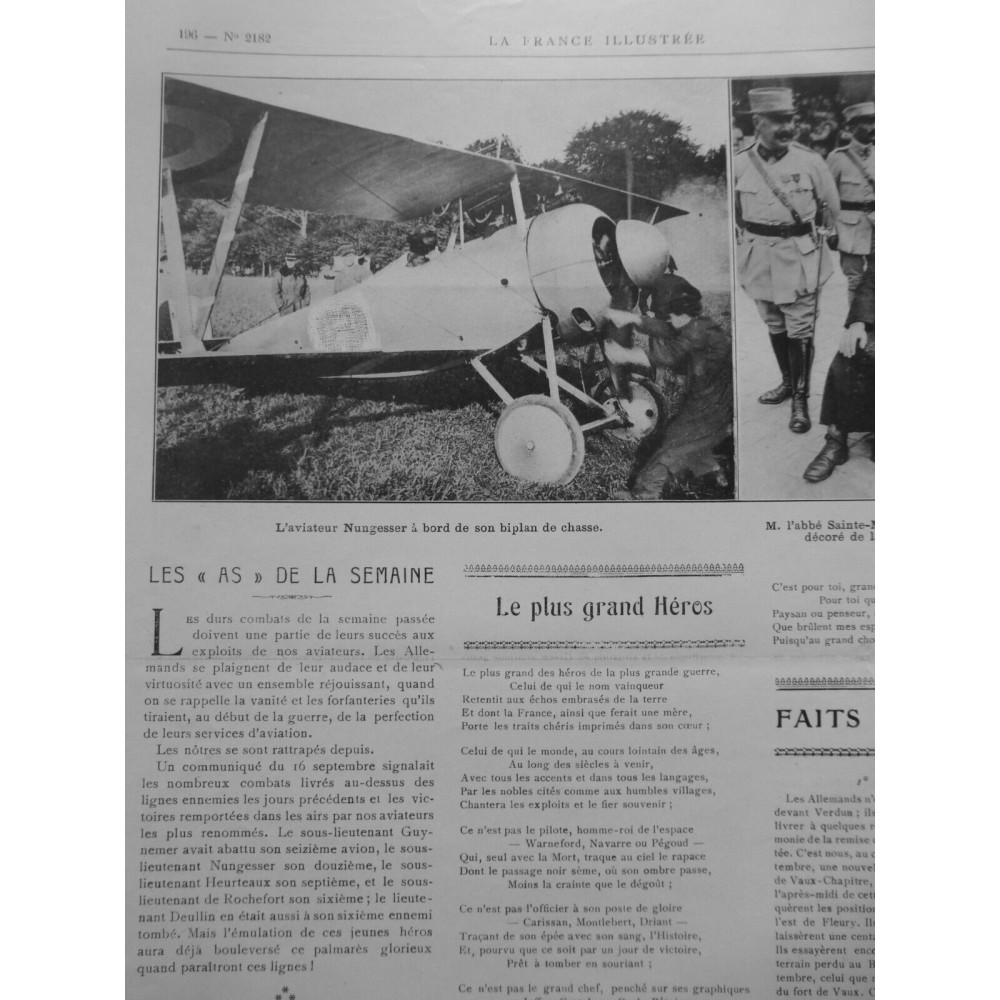 1918 AVIATION NUNGESSEUR AVIATEUR BIPLAN CHASSE EXPLOITS