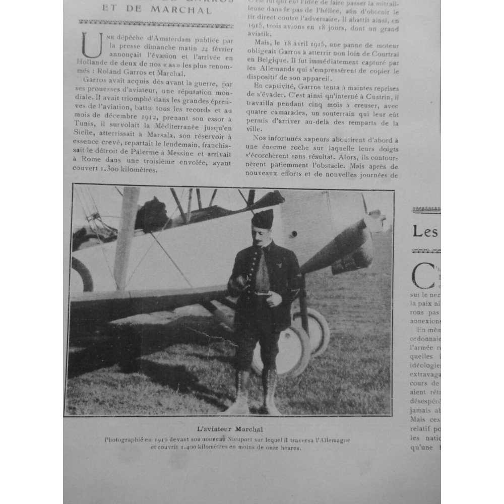 1918 AVIATION AVIATEUR MARCHAL GARROS NIEUPORT EVASION