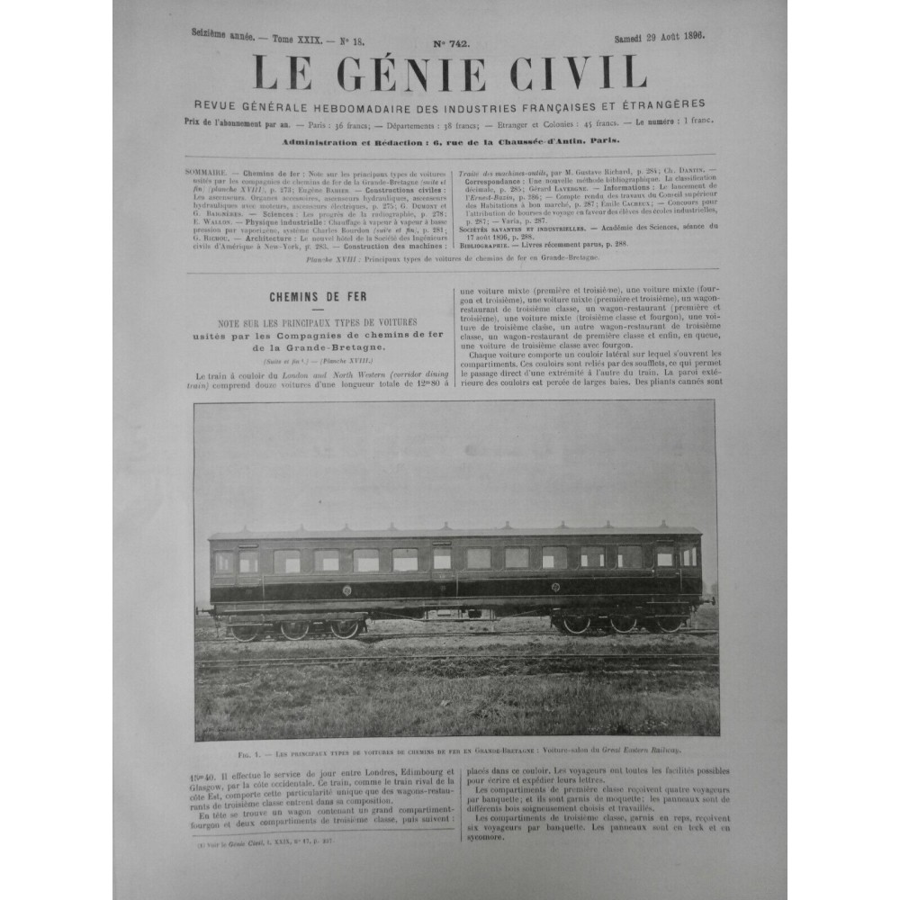 1896 1ER TRAIN INAUGURATION NOUVELLE GRANDE-BRETAGNE VOITURE SALON COULOIR