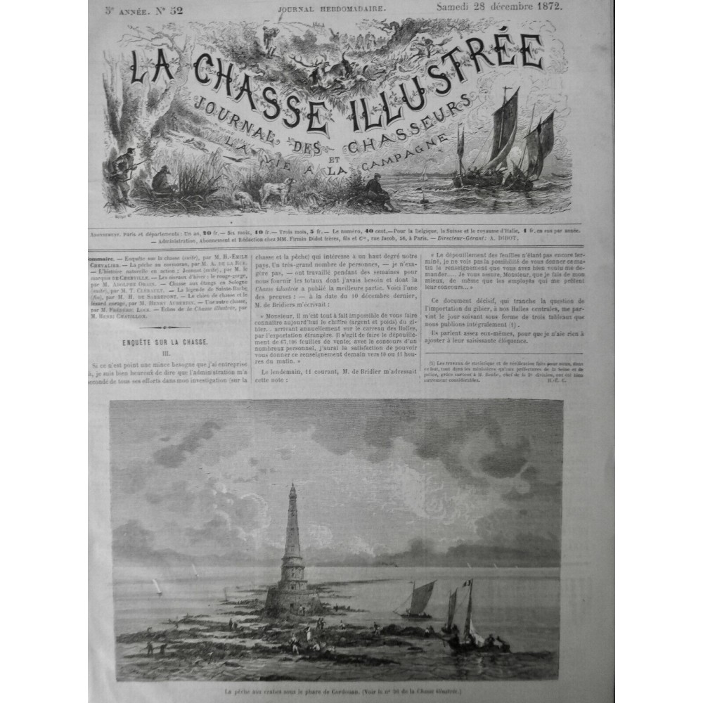 1872 PÊCHE CRABE PHARE CORDOUAN MARRE BASSE VOILIER