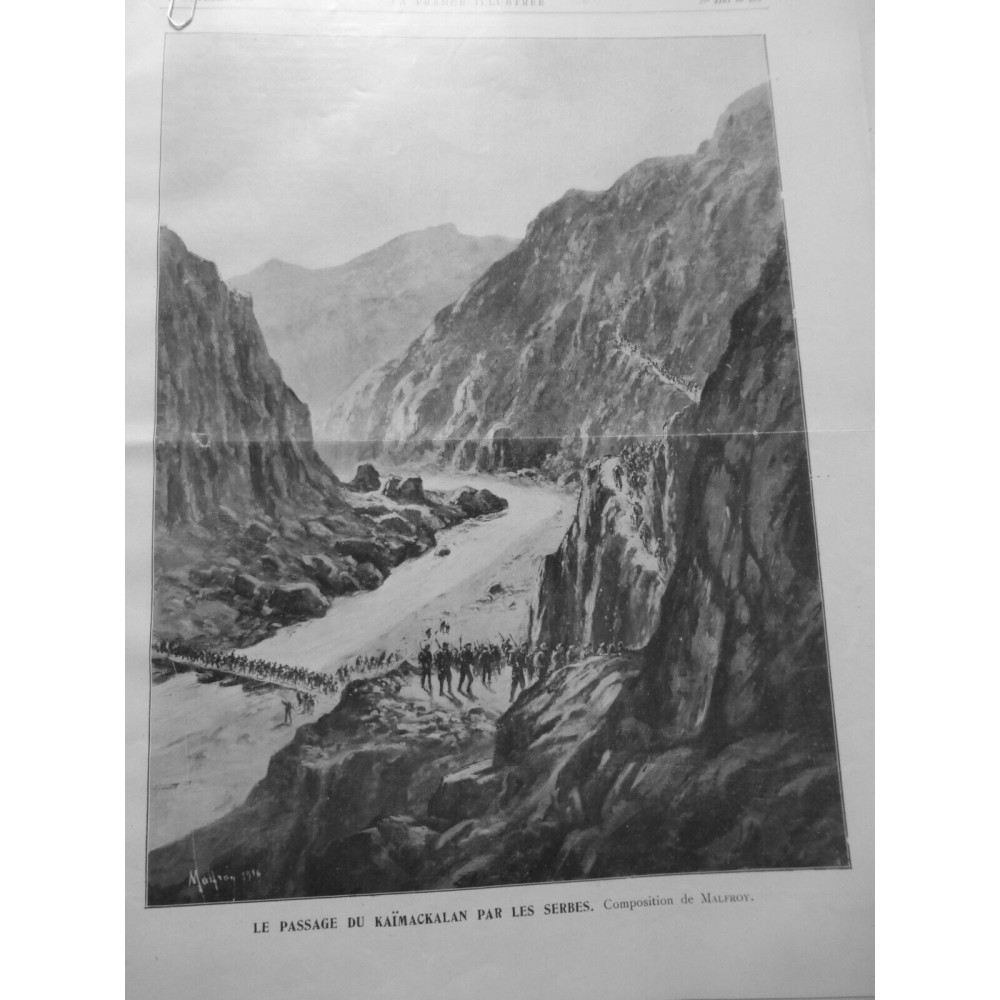 1918 DESSIN MALFROY PASSAGE DU KAÏMACKALAN PAR LES SERBS PONT MONTAGNE