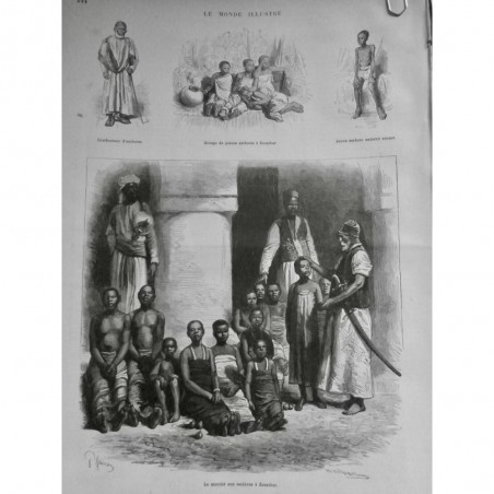 1877 MI ZANZIBAR MARCHÉ ESCLAVE CONDUCTEUR ENFANT ESCLAVAGE DESSIN JANET