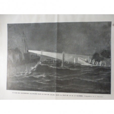 1918 DESSIN MALFROY RAID NOCTURNE DES DESTROYERS ALLEMANDS PAS DE CALAIS